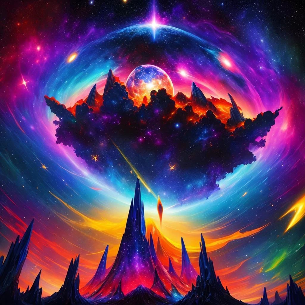 Psychedelic space-themed album cover art abstract expressionist painting, Apocalyptic Configuration, dome, Planet in the sky, Mountain, shooting star, nebula, Colorful glowing particles, Vibrant without humans, Powerful brushwork, Bold colors, Abstract Form, Expressive, Emotional