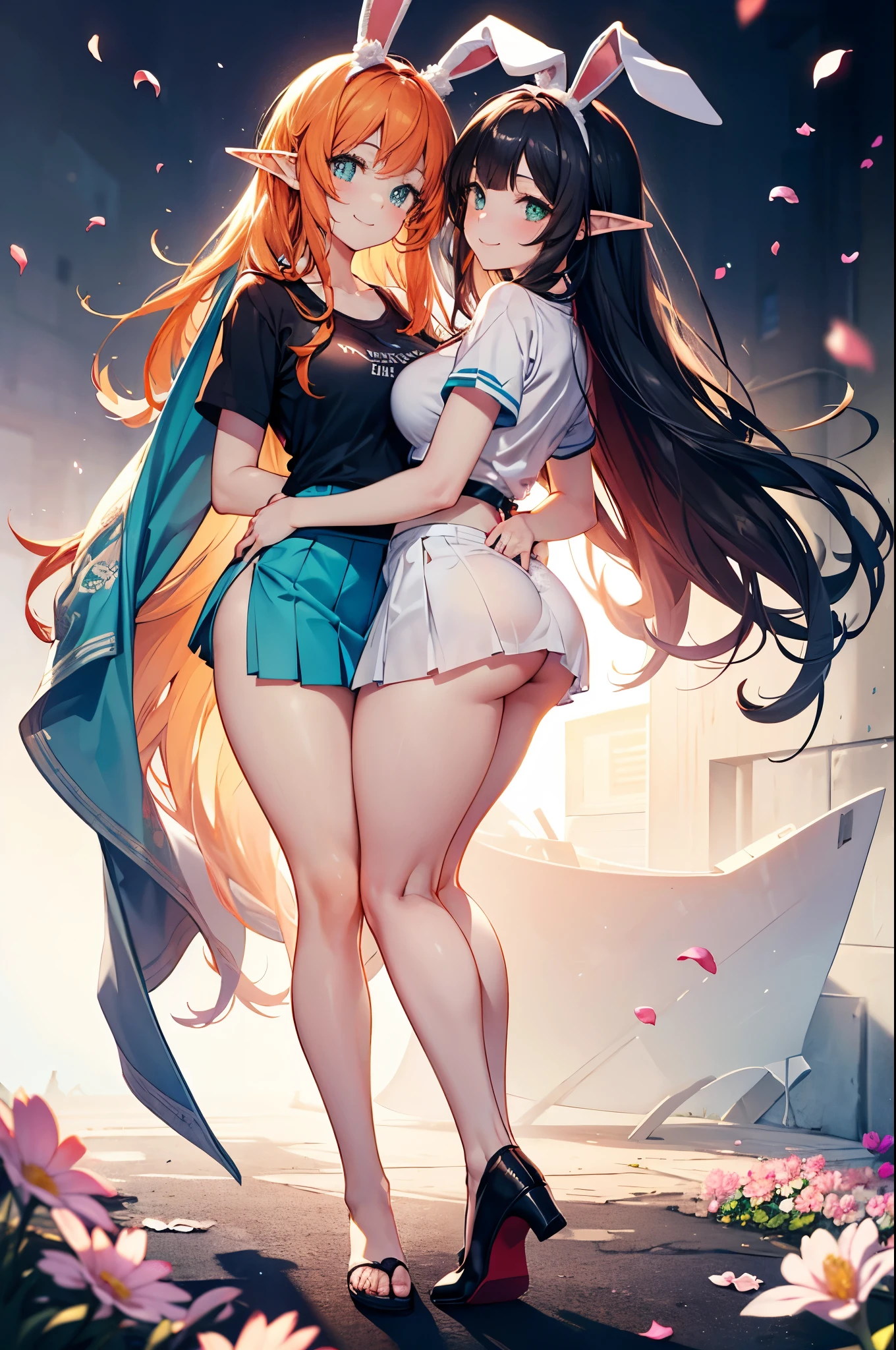 realistic image, detailed image, coherent image, 1 elf, has very long hair, black hair, turquoise eyes, smiling, She is wearing a t-shirt and a lace cheeky top, showing her legs, She has a curvy body, medium breasts and thick thighs .1 girl with bunny ears, has very long hair, orange hair, green eyes, smiling, wears a top without garters, a pleated miniskirt showing half a thong, They are hugging each other, posing sensually, arching their back, gushing buttocks, full body view, flower petals falling, background surrounded by flowers, soft focus, dramatic shadows, volumetric lighting, natural lighting, artificial lighting, white background,