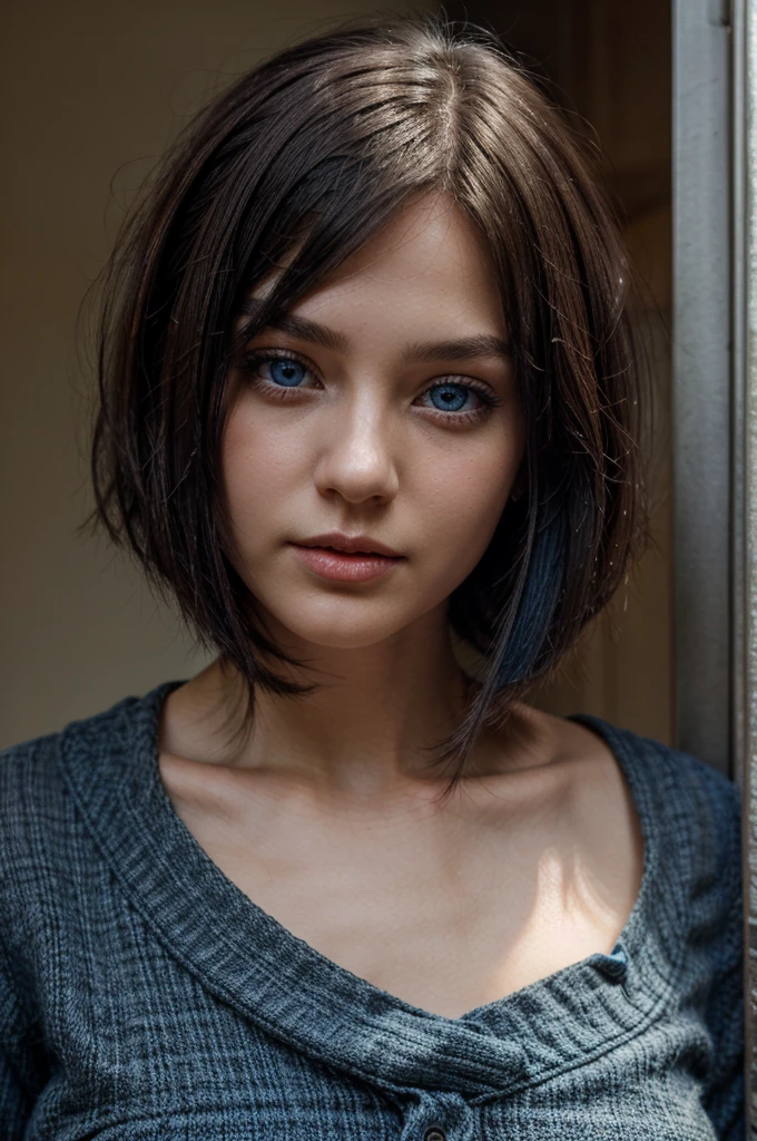 bob cut dark haired girl with blue eyes