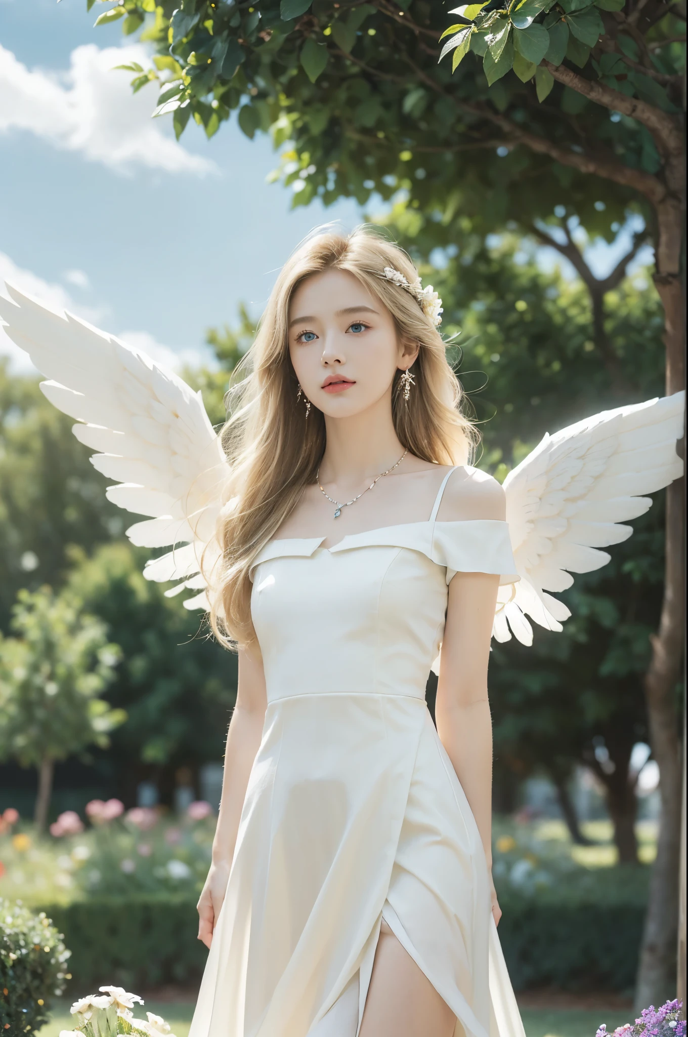 (((best quality))), (((ultra detailed))), (((masterpiece))), illustration,((1 beautiful ,solo,angel)),((fair skin,shoulder length straight blonde hair,blue eyes)),(earrings,crystal necklace),((slim,thin,small breasts,flat chest)),joyful expression,(white wings:1.3),(flowing short-sleeved white sheer dress:1.3),((In heaven, garden setting)), vibrant flowers,(colorful flowers:1.3),lush grass, gentle breeze, (clear sky, fluffy clouds, shining sun),((from front,standing,upper body,arms behind back))
