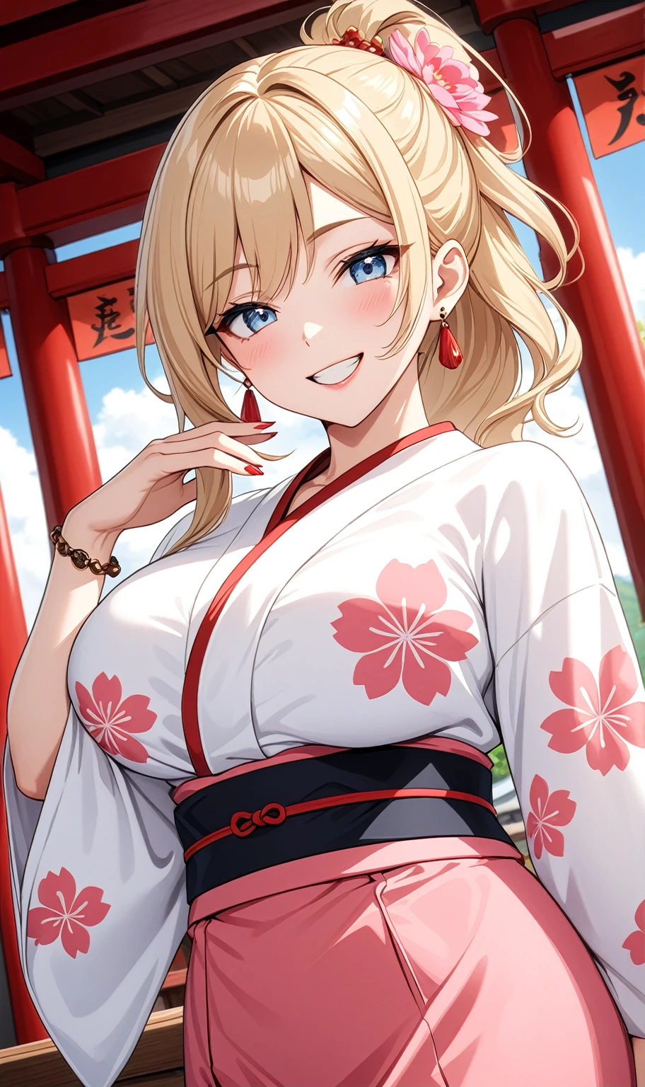 ((One personの女性)), Beautiful Face, (Laughing embarrassedly), ((cheerful grin:1.2)), ((Wink:1.9)), (head tilt:1.3), Laugh with your mouth wide open, upper teeth, looking at viewer, ((Bright red cheeks:1.2)),Glossy Red Lips,noon, Shrine festival stalls, Glossy red lips, Shining Face, ((Anime style background)),masterpiece, Highest quality, so beautiful,up to date, Complex details, (Pink long nails), (nail art), (ring),(bracelet),(Floral choker),AI-generated, Complex,High resolution, Highest quality, super high quality,3D Images、3D Images,One person,Blonde long hair,(High Ponytail), (wavy hair), Anime woman posing for a photo, ((Fine grain、Light blue eyes、Shining Eyes:1.3)), (Squint your eyes:1.1),a hyperRealistic , hyperRealistic , Realistic,Long and blonde anime woman, Smooth anime CG art, Pink large floral patternが刺繍された豪華な着物を着た女性, (White long sleeve kimono),(Pink large floral pattern) ,Long flower hair ornament,Earrings,Mature Body,(Big Breasts:1.1),Tall,Abdominal muscles,Tight waist, (dutch angle:1.3),