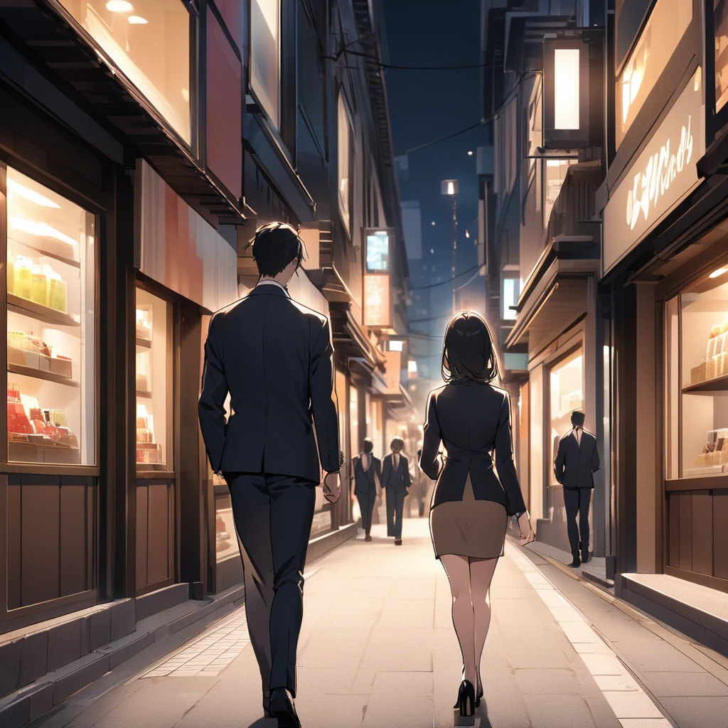 Back view of a couple in suits walking down a shopping street at night、The woman is wearing a skirt suit and has long, black hair.