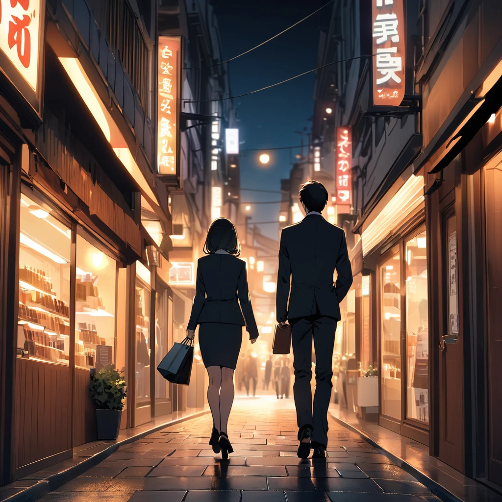 Back view of a couple in suits walking down a shopping street at night、The woman is wearing a skirt suit and has long, black hair.