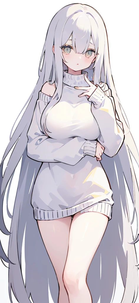 (((Long white Beautiful Hair))),greys hair,kawai,(((Eyes visible from bangs,hair over eyes:1.3))),,Huge breasts,(Yellow color eyes),,(yellw slanted eyes),1girl in,bangs,longs black hair, (white background) (using dark red sweaters, sweater models, off-the-shoulder sweaters), ((Don't wear any pants because the bottom fabric of the sweater is long from the sides to the middle of the thigh)) the curve of her thighs is visible, ((long straight hair)),((The pose of the right hand above the chest, the pose of the left hand hanging down the fingers must be perfect)) (long sweater sleeve covers the back of the hand) image as per tag, Standing body position facing the left side, Bare thighs