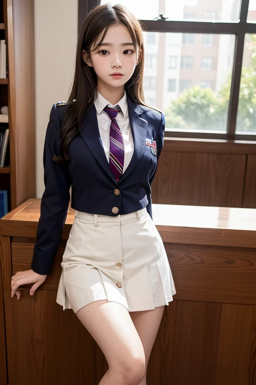 Top Quality, Photorealistic, 8K, High Definition, 1 Girl, Female, (1.8), School, Schoolgirl, Blazer, Uniform, Pubic hair visible, No panties, Skirt boldly pulled up, ((Sit in chair and legs wide open)), Bend your knees and open your legs, Slightly shorter hairstyle, Grab your knees with your hands to open your legs, Buttoned shirt flutters