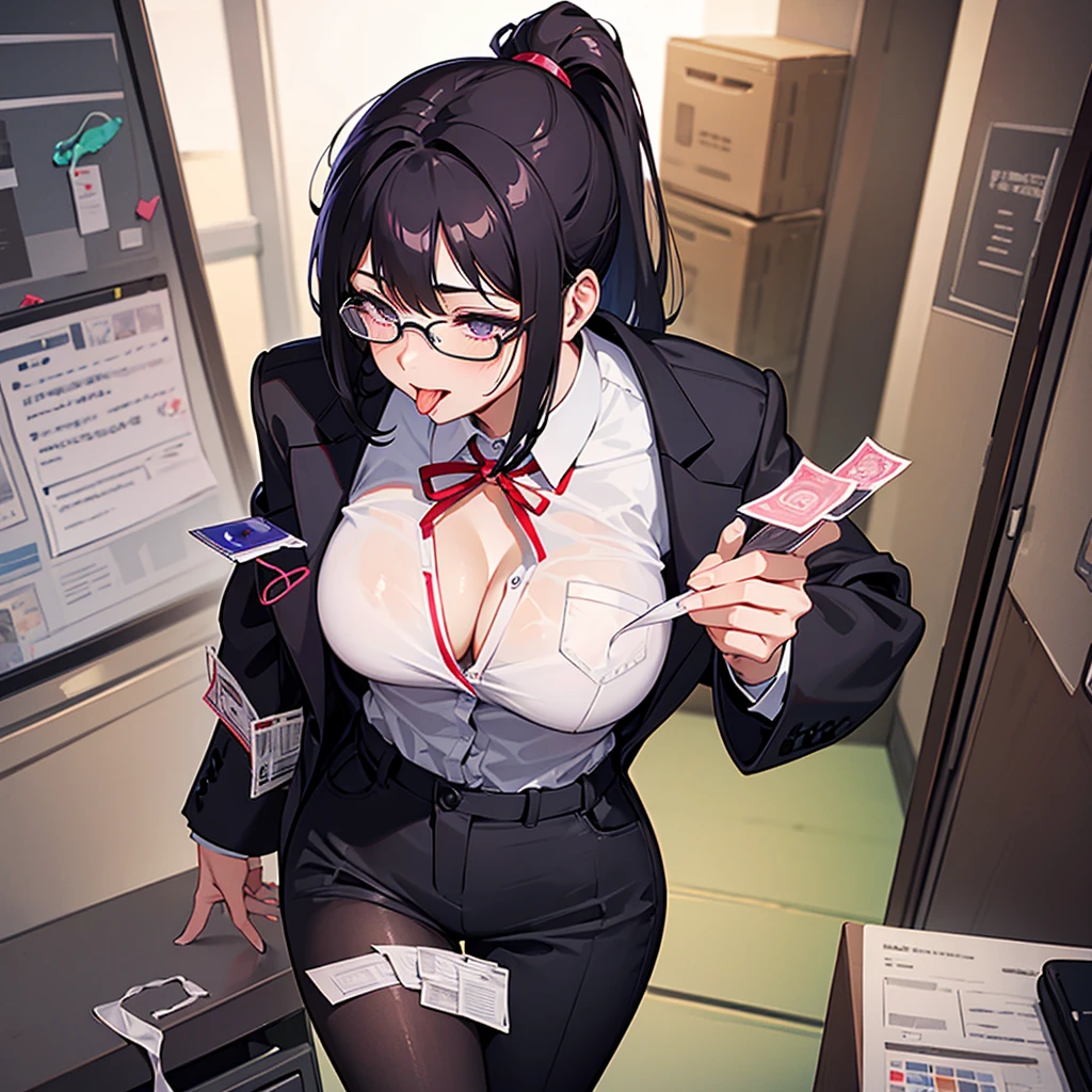 Human, hair black, eyes black, 24 years old, office uniform, wear glasses, ponytail, C cup breasts, 1girls, took off jacket, hot weather, office, deserted, hand job, tongue, condom, used condom, semen mold, 15m cock,