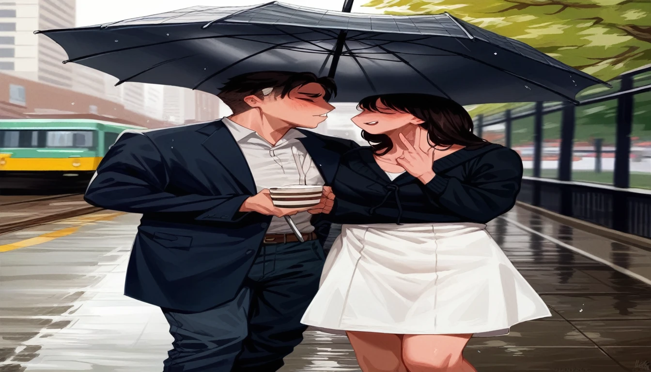 Create the image of this propmt One rainy afternoon, fate intervened when James offered Emily his umbrella as they waited for a delayed train. This small gesture inspired them to strike up conversations that later turned into coffee dates after work and long walks in Central Park on weekends. They discovered a shared love for art, literature, and each other's dreams.