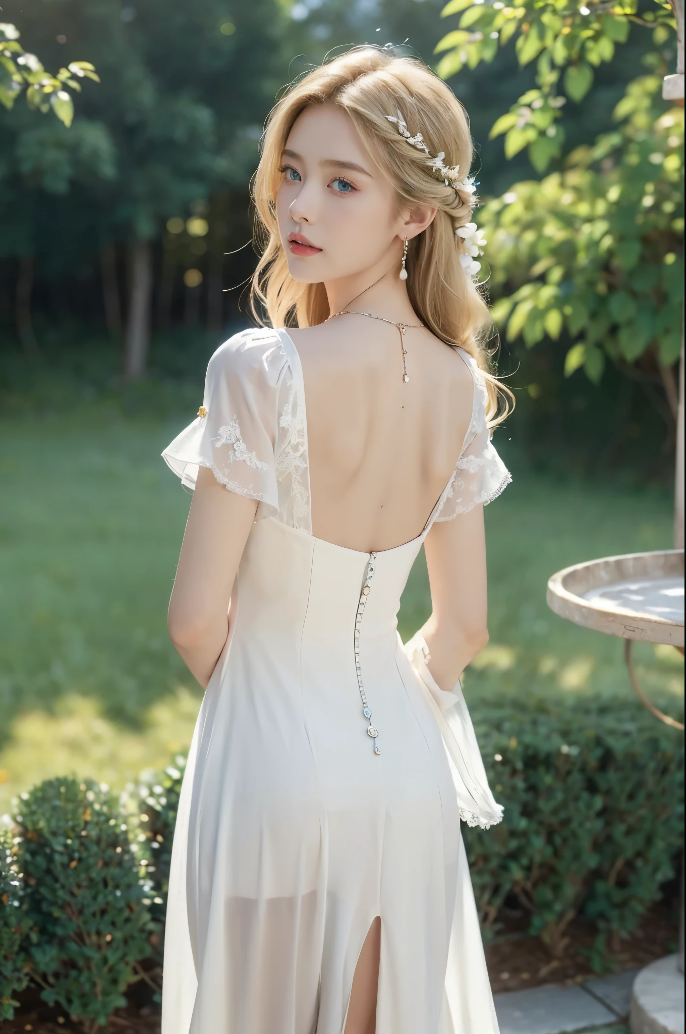 (((best quality))), (((ultra detailed))), (((masterpiece))), illustration,((1 beautiful little girl,solo,angel)),((fair skin,shoulder length straight blonde hair,blue eyes)),((slim,thin)),(earrings,crystal necklace),((bare back,towering hips,butt crack)),joyful expression,(flowing short-sleeved white sheer dress:1.3),((In heaven, garden setting)), vibrant flowers,(colorful flowers:1.3),lush grass, gentle breeze, (clear sky, fluffy clouds, shining sun),((from back,standing,upper body))