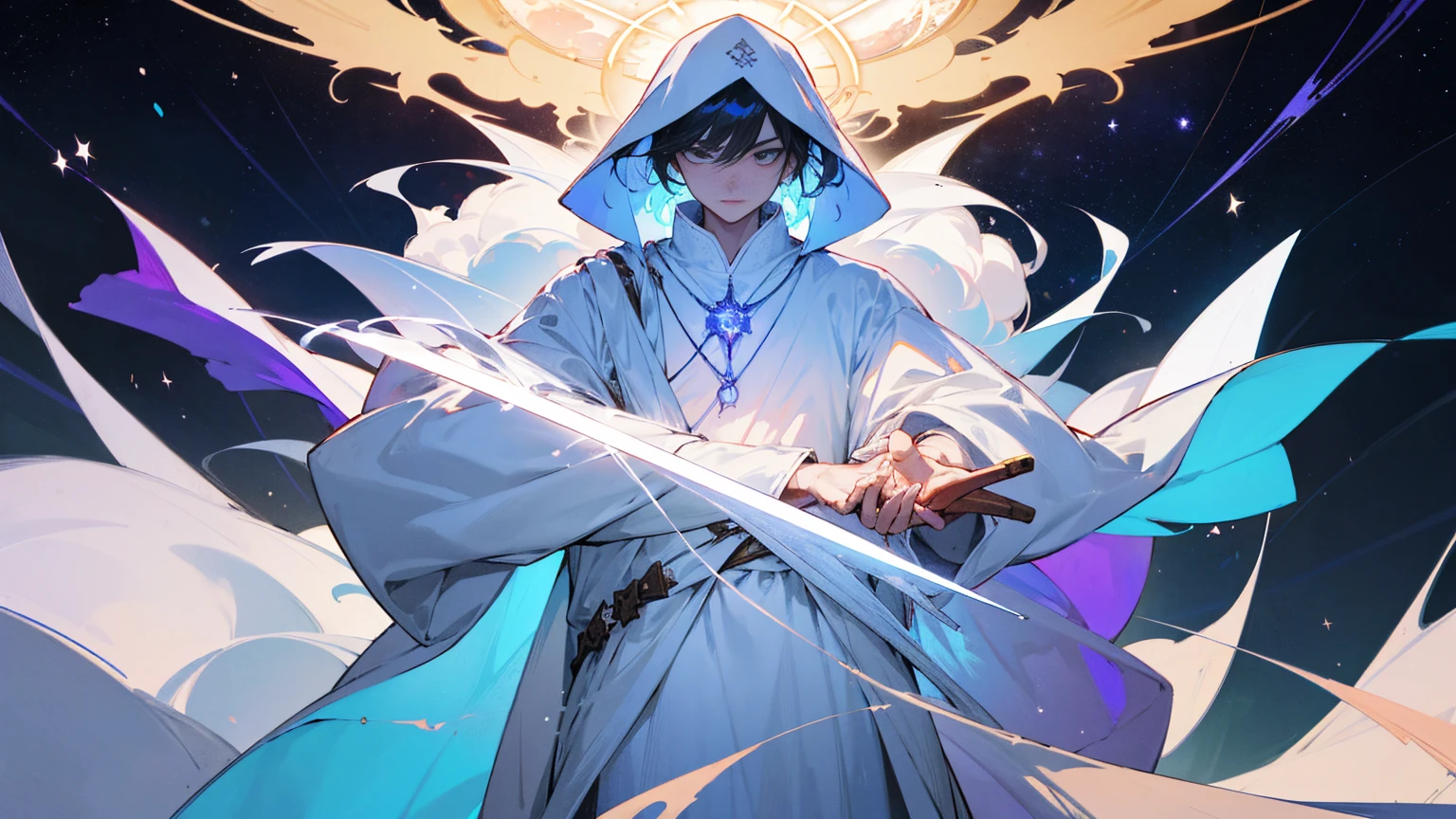 A mysterious figure in a white robe standing at the center of the world, surrounded by countless stars and cosmic nebulae, extending his hands as if creating and shaping the entire world, ,in the style of the stars art group xing xing, 32k, best quality, masterpiece, super detail, high details,upper body only, holding glowing sword