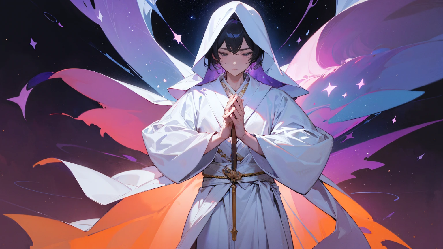 A mysterious figure in a white robe standing at the center of the world, surrounded by countless stars and cosmic nebulae, extending his hands as if creating and shaping the entire world, ,in the style of the stars art group xing xing, 32k, best quality, masterpiece, super detail, high details,upper body only, holding glowing sword