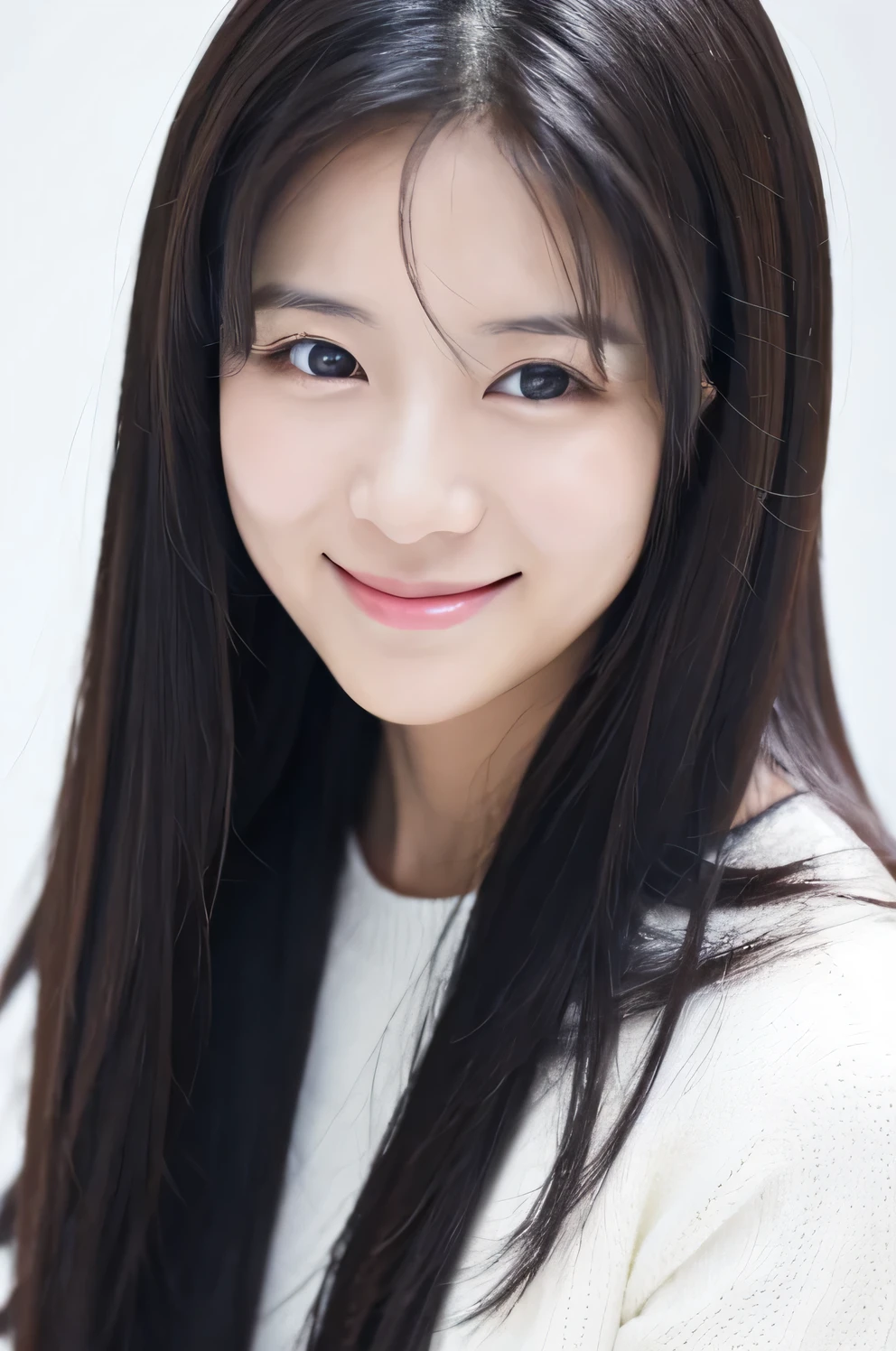 best quality, 1 beautiful woman, long black hair, shy smile, looking at viewer, white background, korean
