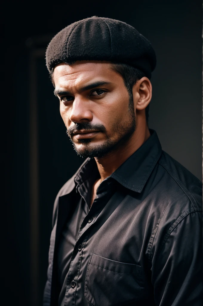 A hard working man with dark background looking at me