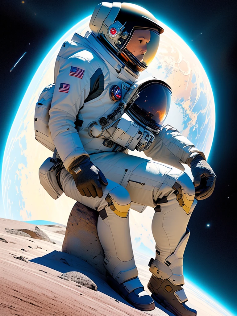 Create a highly detailed image of an astronaut sitting on the edge of a rocky cliff in a desolate, alien landscape. The astronaut is in a white space suit with various intricate details, including patches and equipment attached to the suit. He is seated with his hands clasped in front of him, looking downwards in a contemplative manner. The background is a stark, barren terrain with craggy rocks and a distant view of rugged mountains under a dark, star-filled sky. The lighting is low, with a cold, blue hue, enhancing the lonely and serene atmosphere. Small particles, possibly dust or snow, are gently floating in the air, adding to the otherworldly ambiance. The overall mood should be one of solitude and introspection, capturing the vastness and isolation of space.
