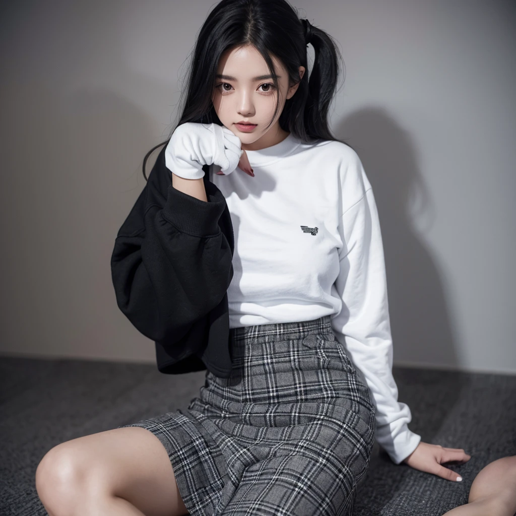 Girl with black hair, black sweatshirt, White shirt, gray plaid skirt and black measurements