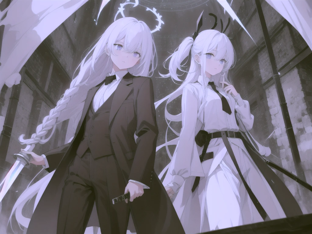 (Highest quality), (High resolution), (masterpiece), (Super detailed), (Highest quality), (High resolution), (masterpiece), (Super detailed), (Bright saturation), Thigh-length hair, White Hair, Heterogeneous eyes: purple left eye and blue right eye, Blue Archive Art Style, One girl, Swinging a black sword in his right hand, Left hand in pocket,  girl, (Black long coat, White shirt, Black tie, Black trousers, suit, Black halo) whole body, Countless swords of light are stuck in the ground., Magic circle in the background, Expressionless, Vivid saturation