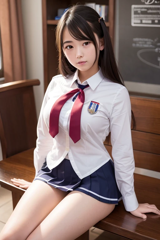 Highest Resolution, 4K, masterpiece, high school girl,uniform, 18-year-old, Women's photos, ((Beautiful posture))、Big eyes, Cleavage、Thighs, Realistic teeth, double eyelid, (whole body),((Braided short tail)) Highest quality, Familiar, beauty, Adorable, By the pond、Big eyes、Droopy eyes
