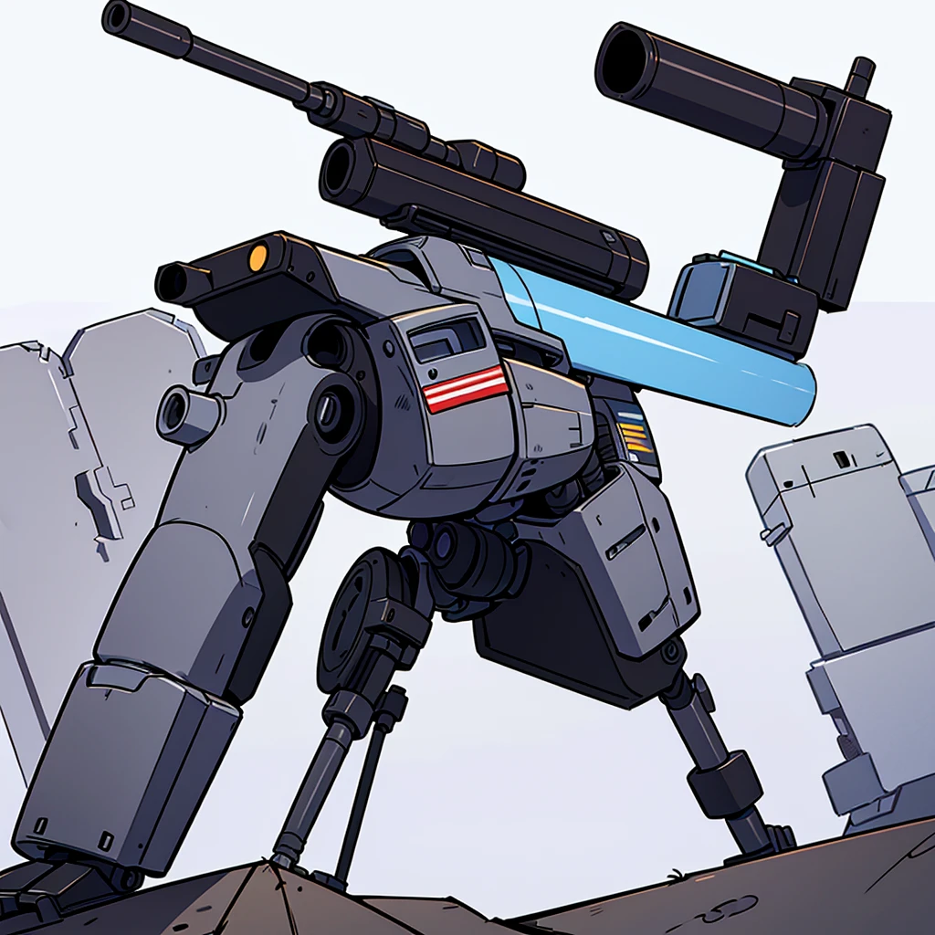 Illustration of a military-looking robot looking sideways with a large sniper rifle on a white background