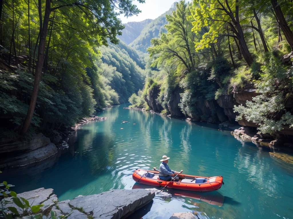 8K HD quality，Deep Canyon Photos, Blue river woods trees grow in the river，Wooden cabin with raft