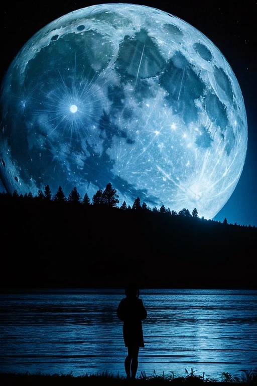 Highest quality,Big moon and shadow,A silhouette of a person can be seen against the backdrop of a large moon.,There is one full moon,There is a mood,Beautiful scenery,Starry Sky