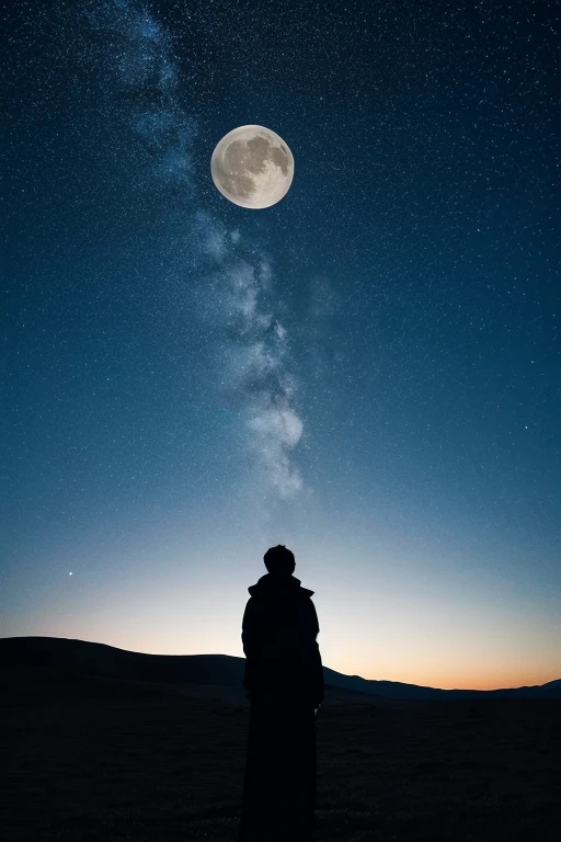 Highest quality,Big moon and shadow,A silhouette of a person can be seen against the backdrop of a large moon.,There is one full moon,There is a mood,Beautiful scenery,Starry Sky