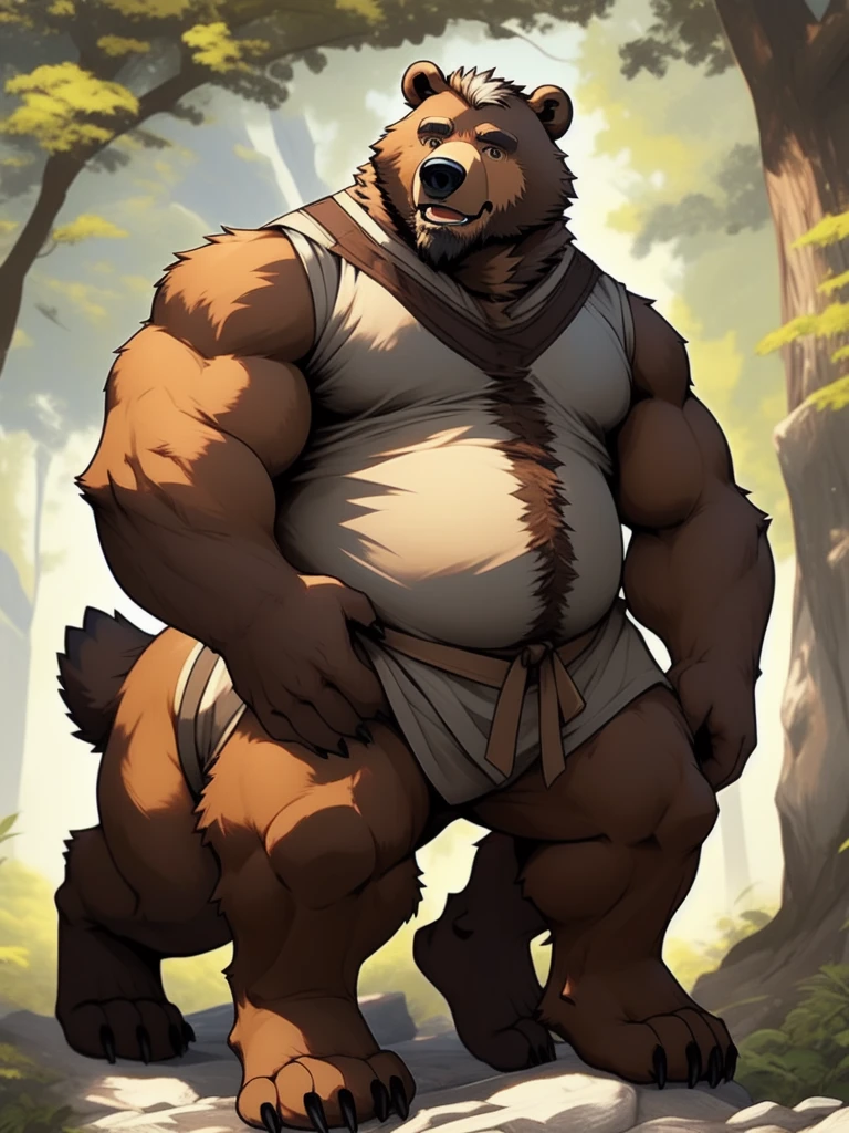 furry, fur taur, beartaur, middle-age,1man, solo, old, detailed face, bear ears, bear eyes(brown), bear nose(black), bear mouth, garibaldi beard(white), mature hair(white), detailed arms(strongest), hands(5 fingers), detailed body belly, muscular, muscular belly(white), chubby, detailed taur body, bear paws, bear tail