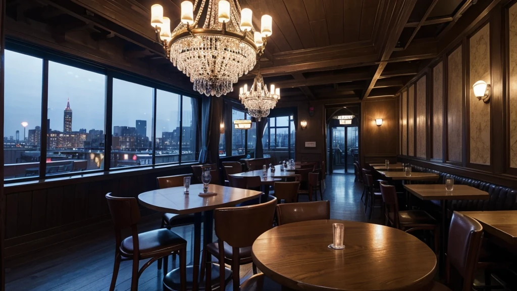 Cafe, Wine table and large windows, interior background art,a tavern empty, at night,citylights