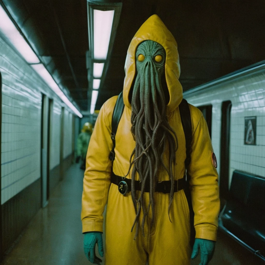 Horror-themed, In an ancient and mysterious subway a person wearing a yellow helmet with yellow spikes on it carcosa city style, Don Bluth Style ASTRONAUT Cthulhu yellow Toon Doll, full body RAW candid cinema, cyan hair, 16mm, color graded portra 400 film, Eerie, unsettling, dark, spooky, suspenseful, grim, highly detailed