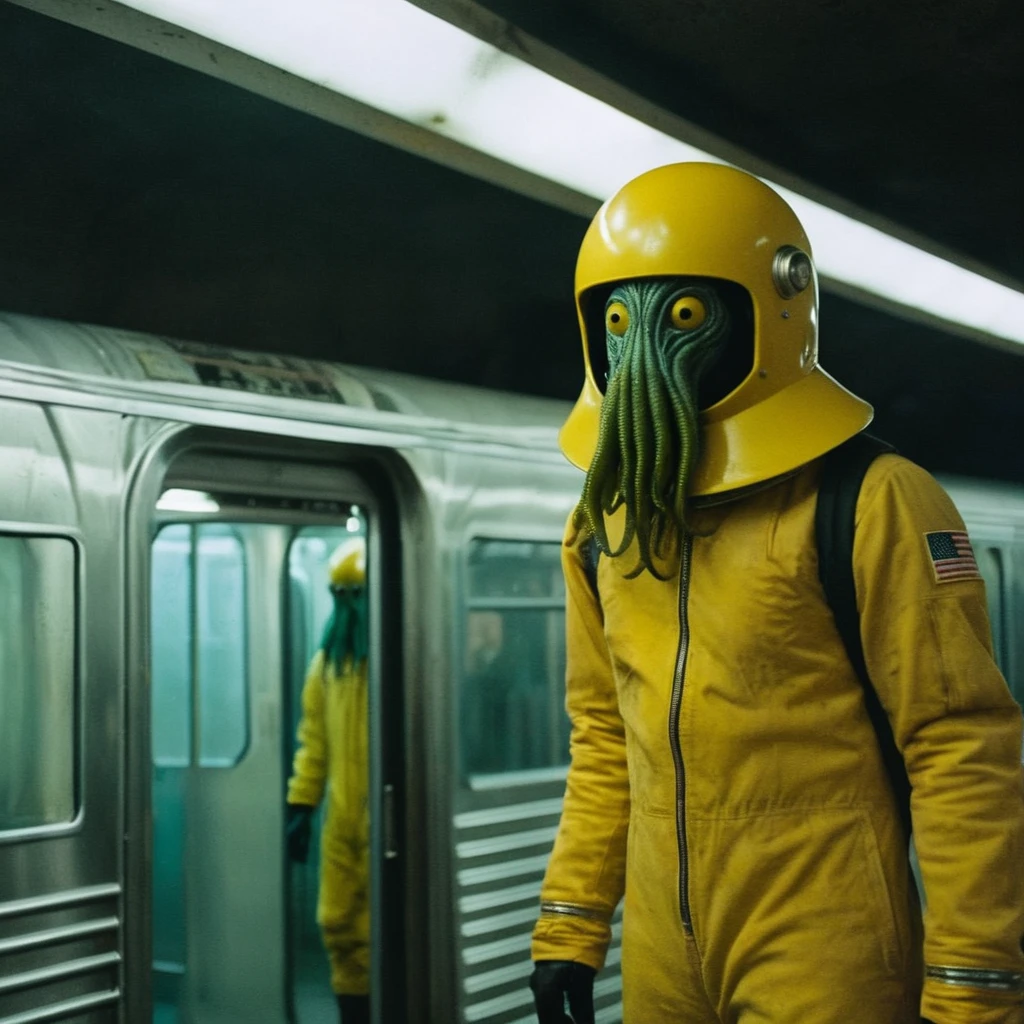 Horror-themed,  In an ancient and mysterious subway a person wearing a yellow helmet with yellow spikes on it carcosa city style, Don Bluth Style ASTRONAUT Cthulhu yellow Toon Doll, full body RAW candid cinema, cyan hair, 16mm, color graded portra 400 film, Eerie, unsettling, dark, spooky, suspenseful, grim, highly detailed