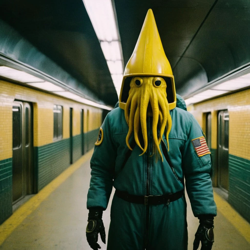 Horror-themed,  In an ancient and mysterious subway a person wearing a yellow helmet with yellow spikes on it carcosa city style, Don Bluth Style ASTRONAUT Cthulhu yellow Toon Doll, full body RAW candid cinema, cyan hair, 16mm, color graded portra 400 film, Eerie, unsettling, dark, spooky, suspenseful, grim, highly detailed