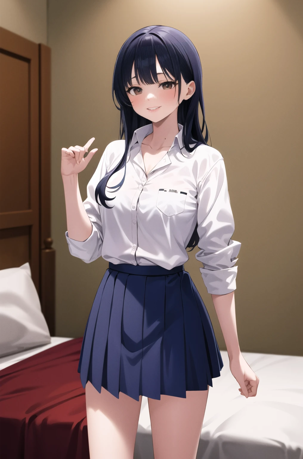 masterpiece, best quality, highres, aaanna, long hair, brown eyes, collarbone, collared shirt, white shirt, sleeves rolled up, pleated skirt, blue skirt, miniskirt, standing, cowboy shot, smile, bedroom,Wearing a dog collar, Naughty tattoo on the belly, nose blush 