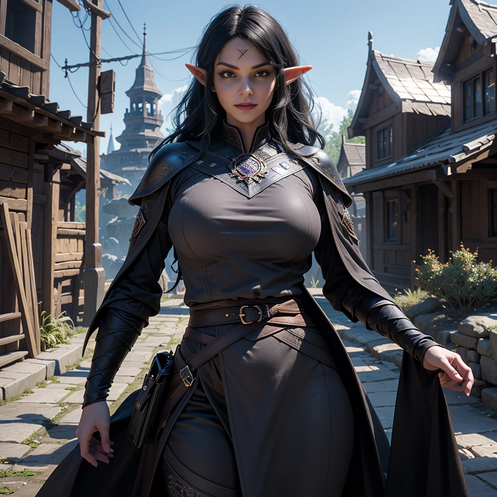((Best quality)), ((masterpiece)), (detailed: 1.4), 3D, (half-elf sorceress), (black hair, purple eyes:1.5, pale brown skin), (black robe, purple sleeves, grey pants, black boots and black armbands), (huge tits, big booty, short, curvy), (heavy gothic makeup), HDR (High Dynamic Range),Ray Tracing,NVIDIA RTX,Super-Resolution,Unreal 5,Subsurface dispersion, PBR texture, Post-processing, Anisotropic filtering, Depth of field, Maximum clarity and sharpness, Multilayer textures, Albedo and specular maps, Surface shading, Accurate simulation of light-material interaction, Perfect proportions, Octane Render, Two-tone lighting,Wide aperture,Low ISO,White balance,Rule of thirds,8K RAW,