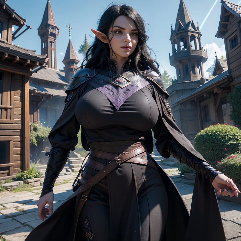 ((Best quality)), ((masterpiece)), (detailed: 1.4), 3D, (half-elf sorceress), (black hair, purple eyes:1.5, pale brown skin), (black robe, purple sleeves, grey pants, black boots and black armbands), (huge tits, big booty, short, curvy), (heavy gothic makeup), HDR (High Dynamic Range),Ray Tracing,NVIDIA RTX,Super-Resolution,Unreal 5,Subsurface dispersion, PBR texture, Post-processing, Anisotropic filtering, Depth of field, Maximum clarity and sharpness, Multilayer textures, Albedo and specular maps, Surface shading, Accurate simulation of light-material interaction, Perfect proportions, Octane Render, Two-tone lighting,Wide aperture,Low ISO,White balance,Rule of thirds,8K RAW,