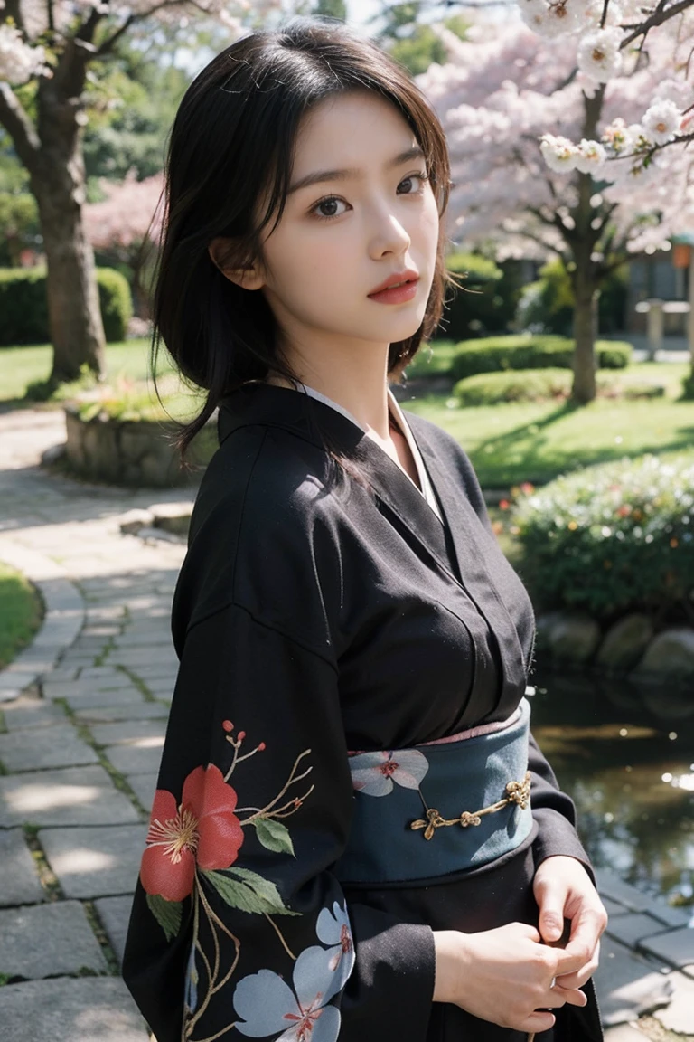 (Photoreal:1.4), (Top image quality:1.0), (Super high resolution:1.0), 8K, Raw photography, (masterpiece:0.2), (highest quality Detail:1.2)、realistic、8K UHD、High resolution、(1 girl:1.2)、Super detailed、High quality textures、intricate details、detailed、Very detailed CG、High quality shadows、Beautiful and delicate face in every detail、Beautiful and delicate eyes in every detail、Depth of bounds written、ray tracing, thin, black kimono, Japanese pattern kimono, beautiful skin, facing the front,Japanese garden, (realistic:1.3), quality, (Cherry tree:1.2), (realistic:1.2), (highest quality), (Complex details), dramatic, ray tracing, photograph,