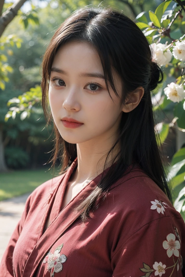 (Photoreal:1.4), (Top image quality:1.0), (Super high resolution:1.0), 8K, Raw photography, (masterpiece:0.2), (highest quality Detail:1.2)、realistic、8K UHD、High resolution、(1 girl:1.2)、Super detailed、High quality textures、intricate details、detailed、Very detailed CG、High quality shadows、Beautiful and delicate face in every detail、Beautiful and delicate eyes in every detail、Depth of bounds written、ray tracing, thin, black kimono, Japanese pattern kimono, beautiful skin, facing the front,Japanese garden, (realistic:1.3), quality, (Cherry tree:1.2), (realistic:1.2), (highest quality), (Complex details), dramatic, ray tracing, photograph,