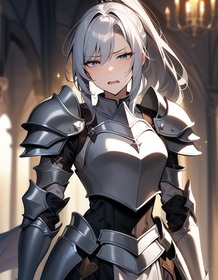 Beautiful girl knight in armor, Gray Hair, tsurime, fantastic, Face your body forward like a certificate photo, shoot from front, Ponytail, Armor Girl, beautiful female knight, Female Paladin, pale blue eyes, narrowed eyes squint, Talking mouth
