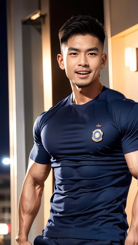 korea male , big muscles, handsome, cool, smoothly combed hair, pierced ears, wearing a t-shirt navy top, holding a lollipop, portraiture, modeling, dynamic pose, Japanese street, late at night, store lights trade, full half body shot, kind_smile,  ,(open mouth:1.5), fullbodypolice officer, Korean Men ,facial hair, Full body, ,(Police badge) ,(Torn navy round neck shirt), (Navy blue round neck shirt.), (Abrasions on the body....: 1.3), (Navy Cargo Pants: 1.3), Short Hair Hair, (High shadow detail),Pectoral muscles, Big arm muscles, blood vessel, Big muscles, Wide shoulders, Abrasions on the body...., Abrasions on the face, nighttime ,handsome guy，looking to the camera，frontage，high qulity，tmasterpiece，8K.4K,1080P，Light-sensitive，Flood