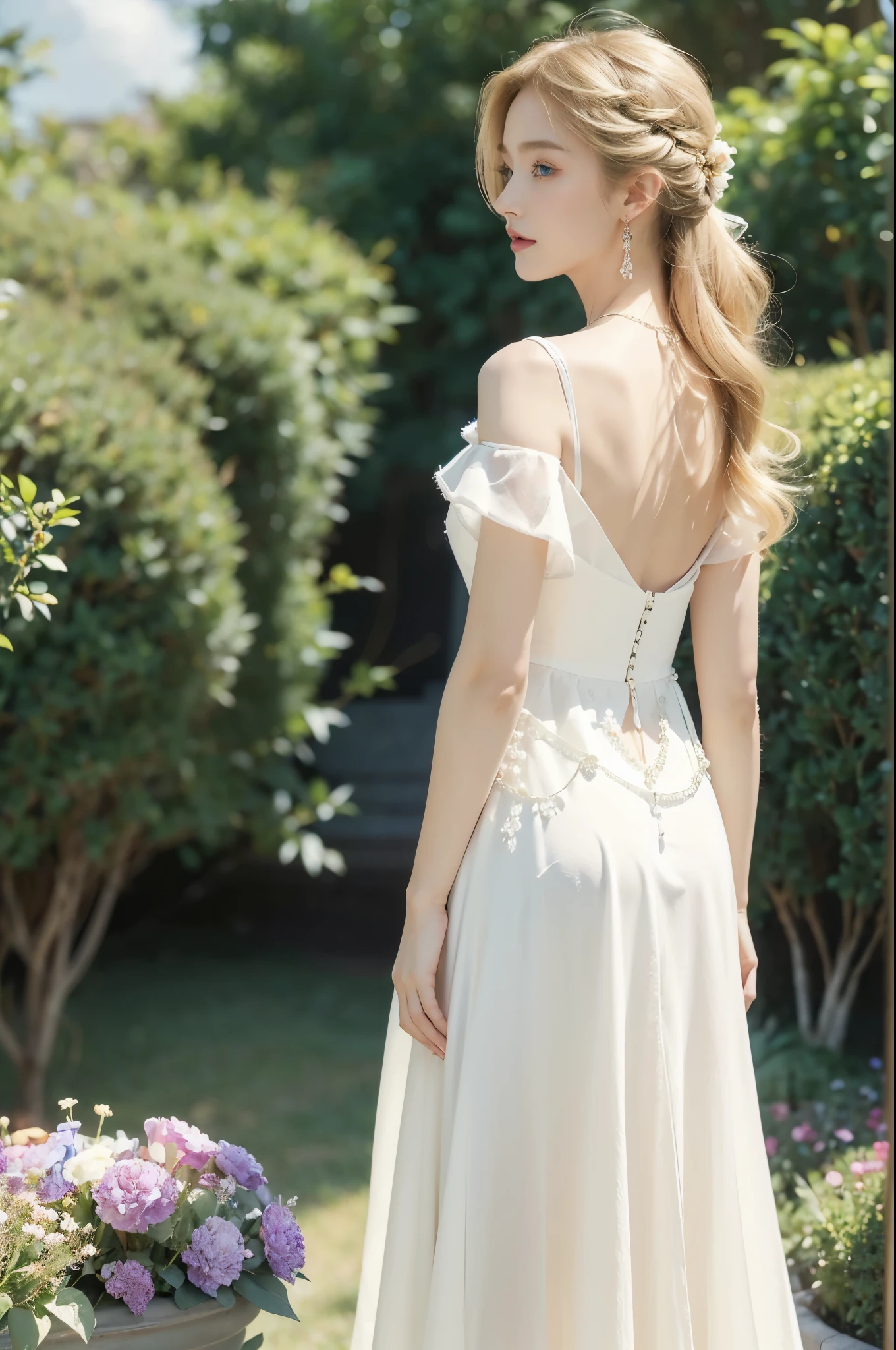 (((best quality))), (((ultra detailed))), (((masterpiece))), illustration,((1 beautiful little girl,solo,angel)),((fair skin,shoulder length straight blonde hair,blue eyes)),((slim,thin)),(earrings,crystal necklace),((bare back,towering hips,butt crack)),joyful expression,(flowing short-sleeved white sheer dress:1.3),((In heaven, garden setting)), vibrant flowers,(colorful flowers:1.3),lush grass, gentle breeze, (clear sky, fluffy clouds, shining sun),((from back,standing,upper body))