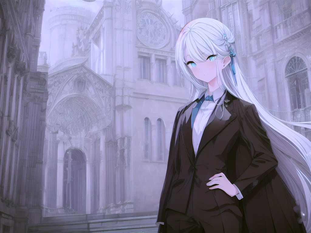 (Highest quality), (High resolution), (masterpiece), (Super detailed), (Highest quality), (High resolution), (masterpiece), (Super detailed), (Bright saturation), Thigh-length hair, White Hair, Heterogeneous eyes: purple left eye and blue right eye, Blue Archive Art Style, One girl, Swinging a black sword in his right hand, Left hand in pocket,  girl, (Black long coat, White shirt, Black tie, Black trousers, suit, Black halo) whole body, Countless swords of light are stuck in the ground., Magic circle in the background, Expressionless, Vivid saturation