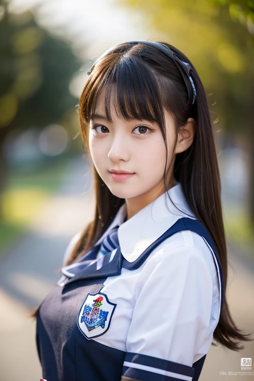 Highest Resolution, 4K, masterpiece, high school girl,uniform, 18-year-old, Women's photos, ((Beautiful posture))、Big eyes, Cleavage、Thighs, Realistic teeth, double eyelid, (whole body),((Braided short tail)) Highest quality, Familiar, beauty, Adorable, By the pond、Big eyes、Droopy eyes