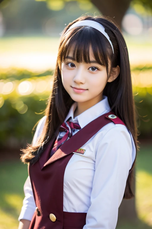 Highest Resolution, 4K, masterpiece, high school girl,uniform, 18-year-old, Women's photos, ((Beautiful posture))、Big eyes, Cleavage、Thighs, Realistic teeth, double eyelid, (whole body),((Braided short tail)) Highest quality, Familiar, beauty, Adorable, By the pond、Big eyes、Droopy eyes