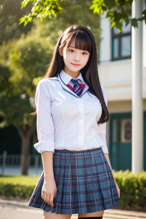 Highest Resolution, 4K, masterpiece, high school girl,uniform, 18-year-old, Women's photos, ((Beautiful posture))、Big eyes, Cleavage、Thighs, Realistic teeth, double eyelid, (whole body),((Braided short tail)) Highest quality, Familiar, beauty, Adorable, By the pond、Big eyes、Droopy eyes