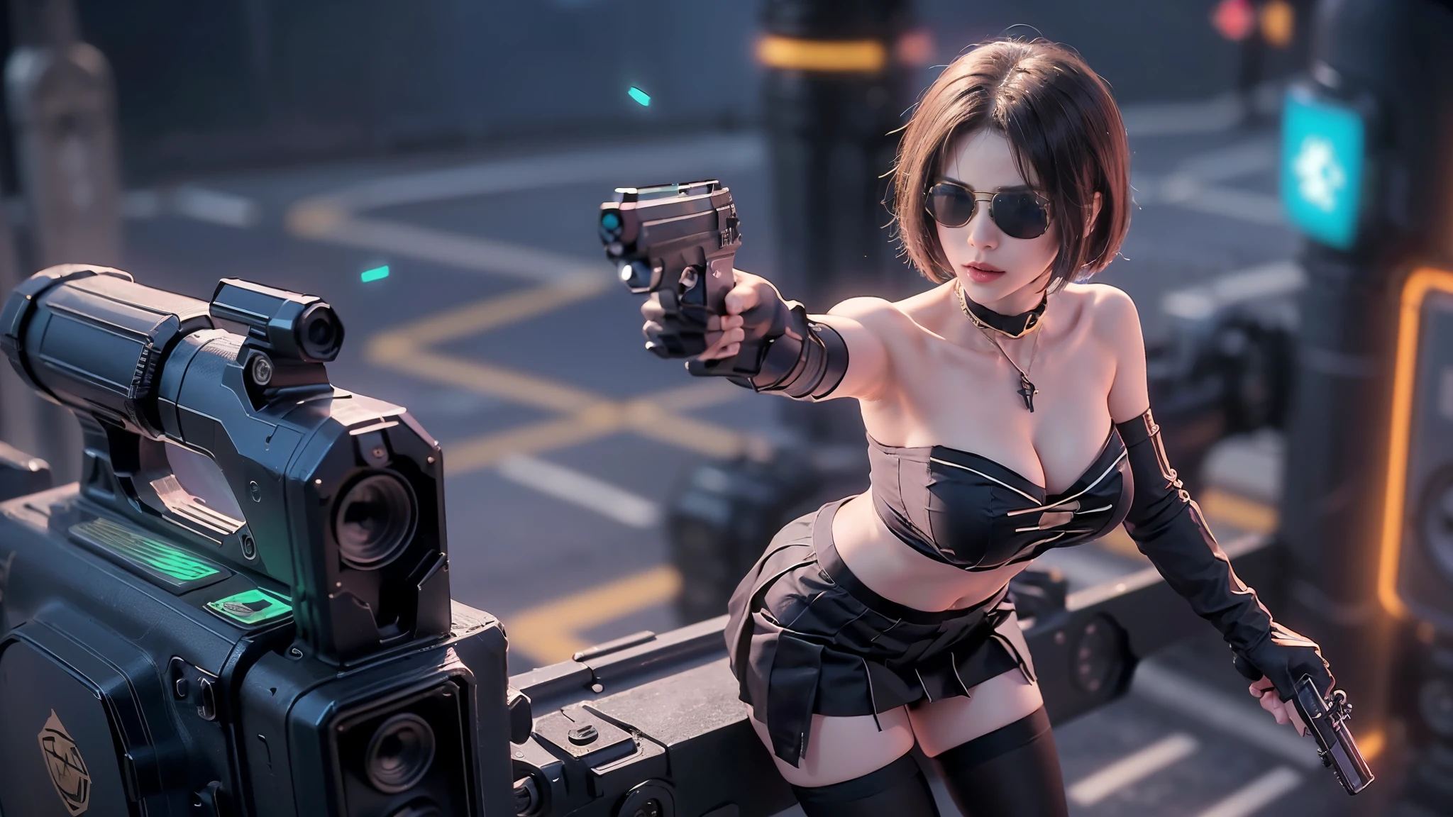 (aerial view). at night, futuristic sci-fi cyberpunk city, broad viaduct, skyscrapers at the end of the viaduct, the movie "13th Floor" style, hq. Matrix style, at night, (1girl, solo), photo realistic, (large-breast:1.2 slim body, cleavage:1.3), (((tube top, extreamly short pleated (((miniskirt))) exposing panty))), (((((matrix style black sunglasses))))), (((((aiming at camera with a (pistol)))))), (((half-body (thigh level) medium shot))), (cinematic lighting).