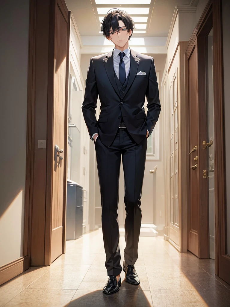 (best quality:1.2), masterpiece, anime style,  Ultra-high resolution, One man, In a suit, Backwards, One manの前に赤と青の2つの扉がある
