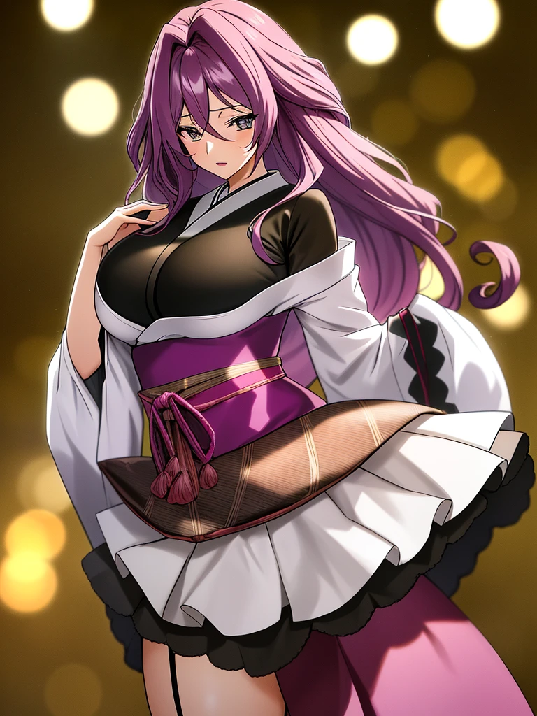 Japanese cartoons, (4K), Depth of Field, (masterpiece), (2D Skin Texture), Very detailed, complex, Ultra Detailed, high resolution, Professional photography, Bokeh, Depth of Field, Crisp details, best quality, Looking at the audience, 1 girl, Solitary, Feminine way, loose, Light brown hair,With black stripes, Light purple, Long curly hair ,Hair between the eyes, The face is a bit plump,But very feminine and attractive. ◇ Big breasts and big buttocks , Waistline is normal and not noticeable, Thighs are thick and strong ,Slender and feminine arms.