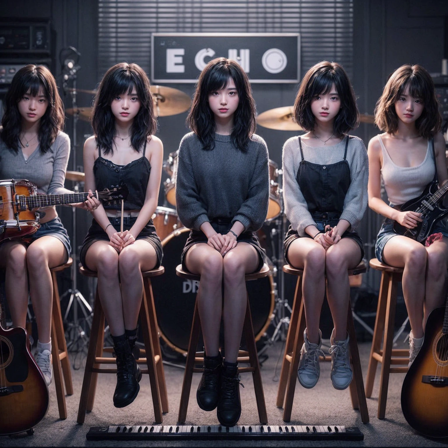 **Photo of 5 beautiful girls sitting:**
- **3 girls with messy black hair**
- **2 girls with wavy bob hair**
One girl is playing the drums, one girl is playing the piano, one girl is playing the bass guitar, one girl is playing the guitar, and one girl is singing. They are sitting behind a board with the word "ECHO" written on it. The background is a music studio, complete with drums, guitars, bass guitar, and piano. The image is ultra HD, 4k, and realistic.