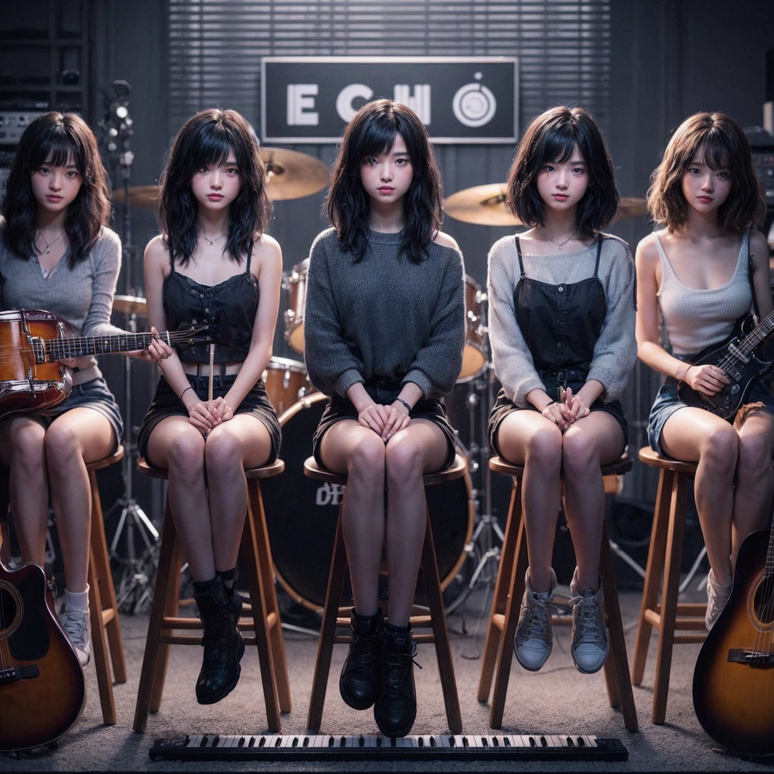 **Photo of 5 beautiful girls sitting in chairs lined up from right to left:**
- **3 girls with messy hair style**
- **2 girls with wavy bob hair style**
One girl is playing the drums, one girl is playing the piano, one girl is playing the bass guitar, one girl is playing the guitar, and one girl is singing. They are sitting behind a board with the word "ECHO" written on it. The background is a music studio, complete with drums, guitars, bass guitar, and piano. The image is ultra HD, 4k, and realistic.