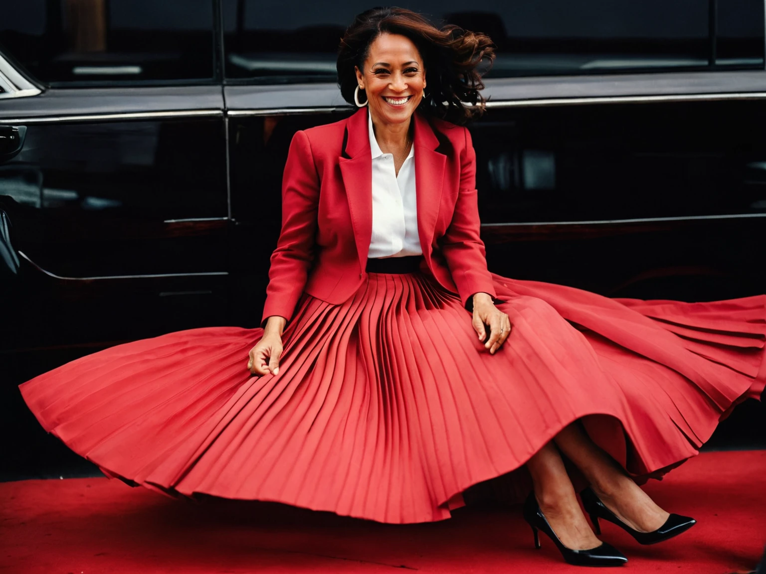 Kamala Harris, A smiling, authentic, (shy:1,3), kind, beautiful woman, is passionately in love with her skirt, wind wildly lifts her skirt, wearing uniform jacket and very, very detailed (long (fully pleated) full circle skirt) and (low heeled court shoes), very, very intricate hyper-detailed symmetric (attractive graceful young feminine face) with (sad, tired eyes and a loving smile), very voluptuous breasts, full of empathy and compassion and love, (pronounced (feminine) features), (highly detailed ultra accurate realistic) hands and fingers, (windy), epic composition, highly detailed attributes, (35mm f1.4 Kodak portra 400 photograph), extremely high quality RAW photograph, highly detailed atmosphere, sci-fi, cinematic shot, dynamic lighting, 75mm, Technicolor, Panavision, cinemascope, sharp focus, fine details, 8k, HDR, realism, realistic, key visual, film still, superb cinematic color grading, depth of field