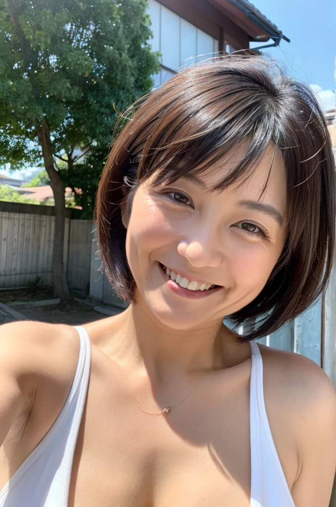 48 years old Big Breasts woman A kind smile Big eyes Front teeth Short Bob Hair Japanese classmate Saggy breasts