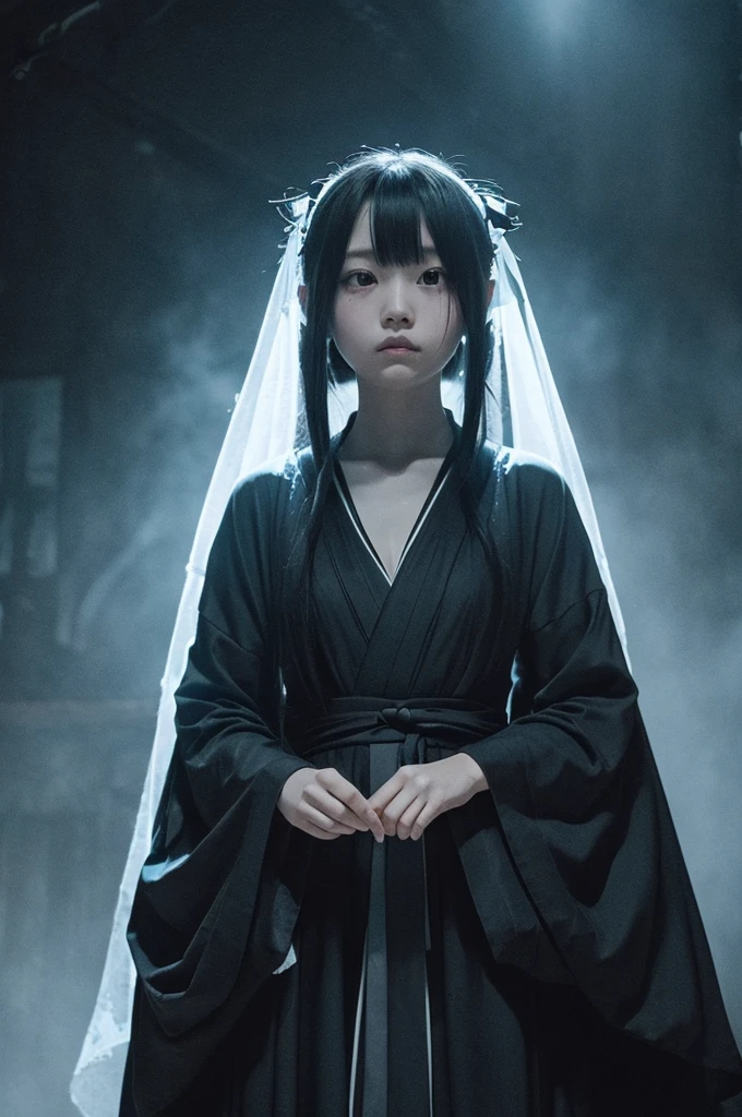 Cinematic quality、It has a dark atmosphere and is a little scary.、Draw a Yuki-onna、Dress a little lightly