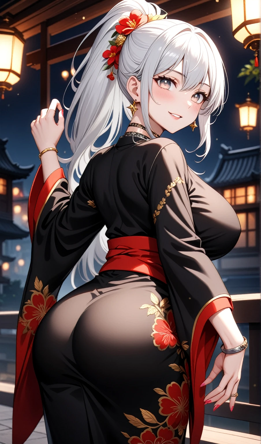 ((One personの女性)), Beautiful Face, (Laughing embarrassedly), (seductive smile:1.4), ((Wink:1.9)), (head tilt:1.3), Laugh with your mouth wide open, upper teeth, looking at viewer, ((Bright red cheeks:1.4)),Glossy Red Lips,Night view, High terrace, firework, Glossy red lips, Shining Face, ((Anime style background)),masterpiece, Highest quality, so beautiful,up to date, Complex details, (Pink long nails),(ring),(bracelet),(Floral choker),AI-generated, Complex,High resolution, Highest quality, super high quality,3D Images、3D Images,One person,Long white hair,High Ponytail, Anime woman posing for a photo,(blue eyes), ((Fine grain、Silvery white, lightly pigmented eyes、Shining Eyes:1.3)), (Squint your eyes:1.1),a hyperRealistic , hyperRealistic , Realistic,Anime woman with long white hair, Smooth anime CG art, A woman in a colorful kimono with gold embroidery, ((Black long sleeve kimono)),Red floral pattern,Long flower hair ornament,Earrings,Mature Body,(Big Breasts:1.1),Tall,Abdominal muscles,Tight waist, ((looking back)), 
